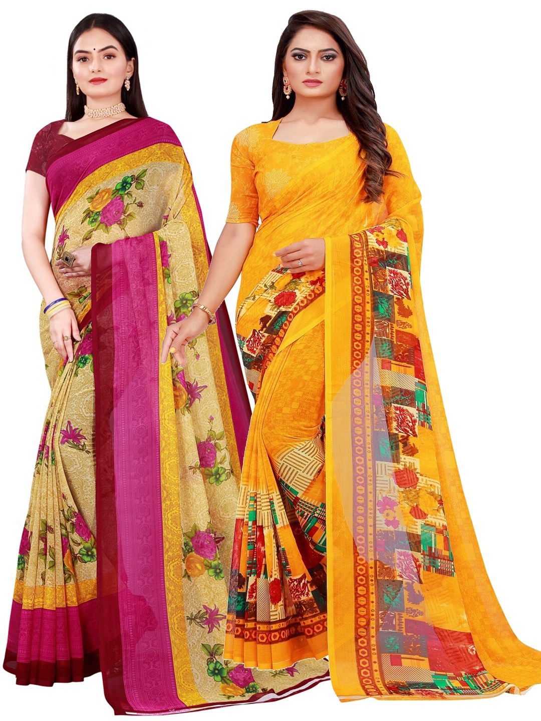 

Florence Beige & Yellow Set of 2 Pure Georgette Saree