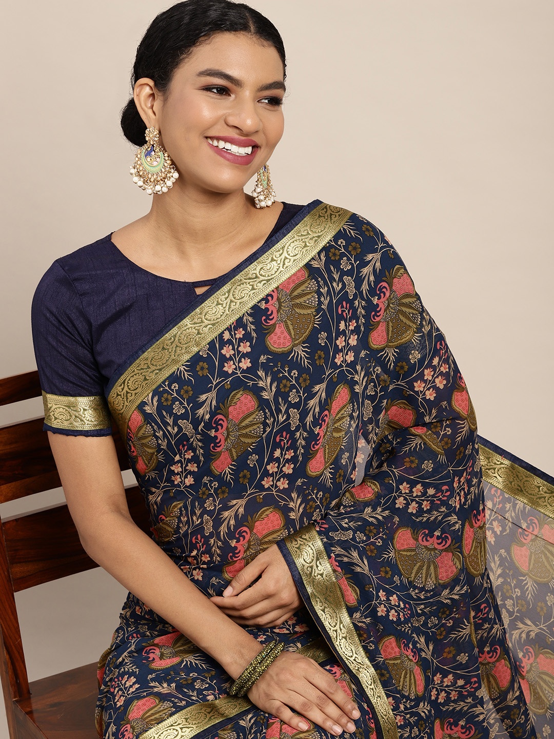 

Satrani Navy Blue & Gold-Toned Floral Zari Pure Georgette Saree