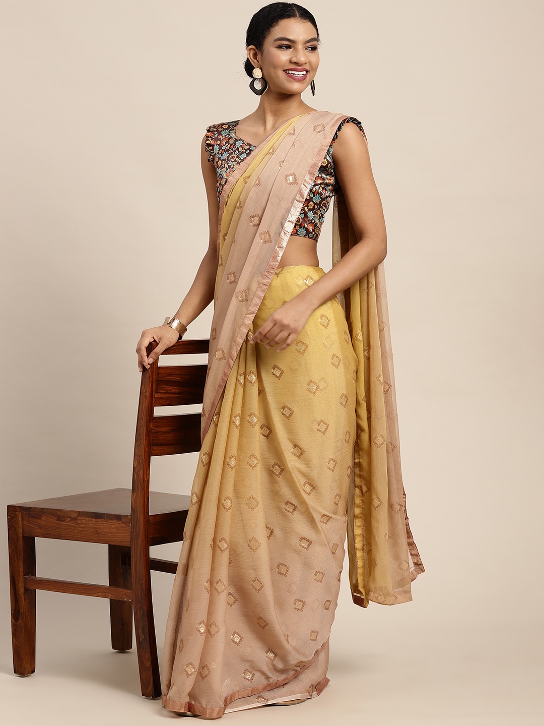 

Satrani Brown & Gold-Toned Ethnic Motifs Zari Pure Chiffon Saree