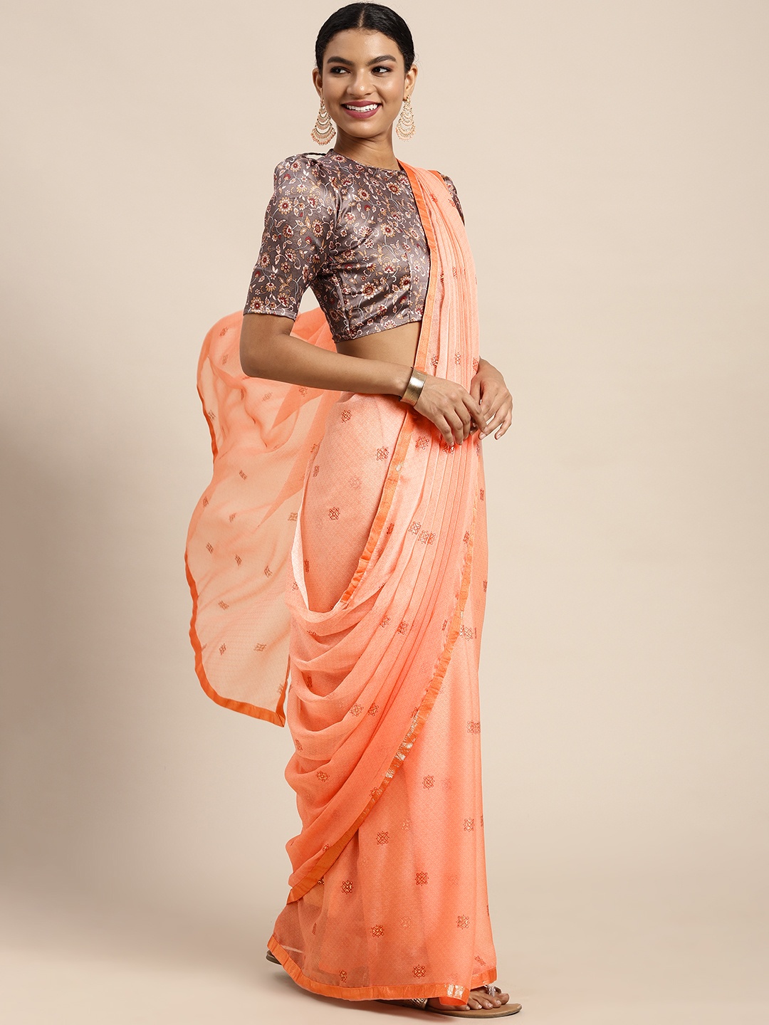 

Satrani Peach-Coloured Ethnic Motifs Zari Pure Chiffon Saree