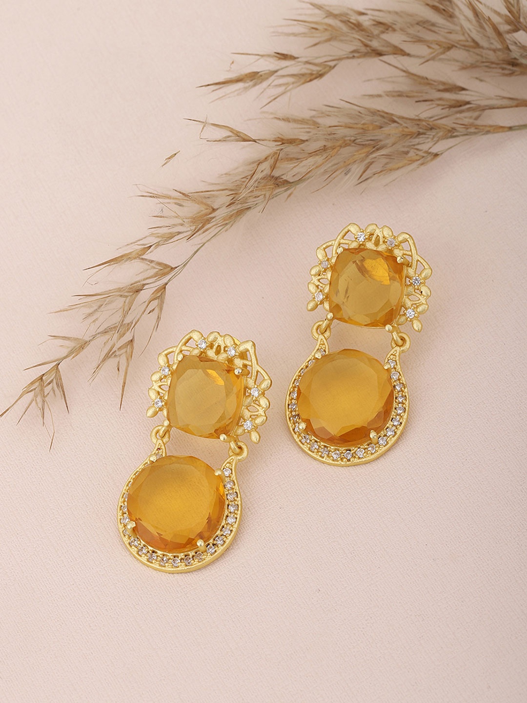 

Carlton London Mustard Yellow Gold-Plated CZ Studded Geometric Drop Earrings