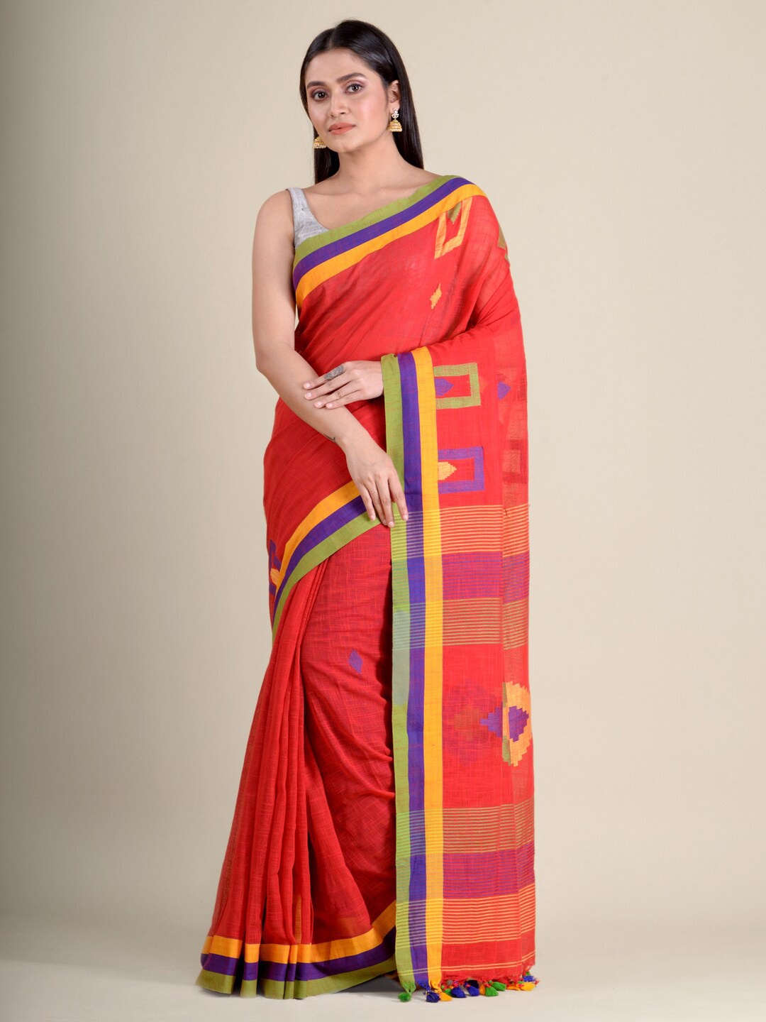 

Mitera Red & Blue Woven Design Pure Cotton Heavy Work Saree