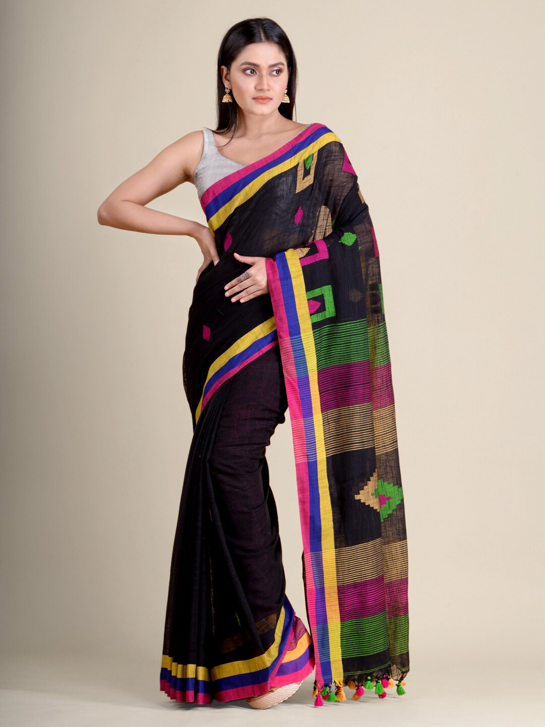 

Mitera Black & Pink Woven Design Pure Cotton Saree