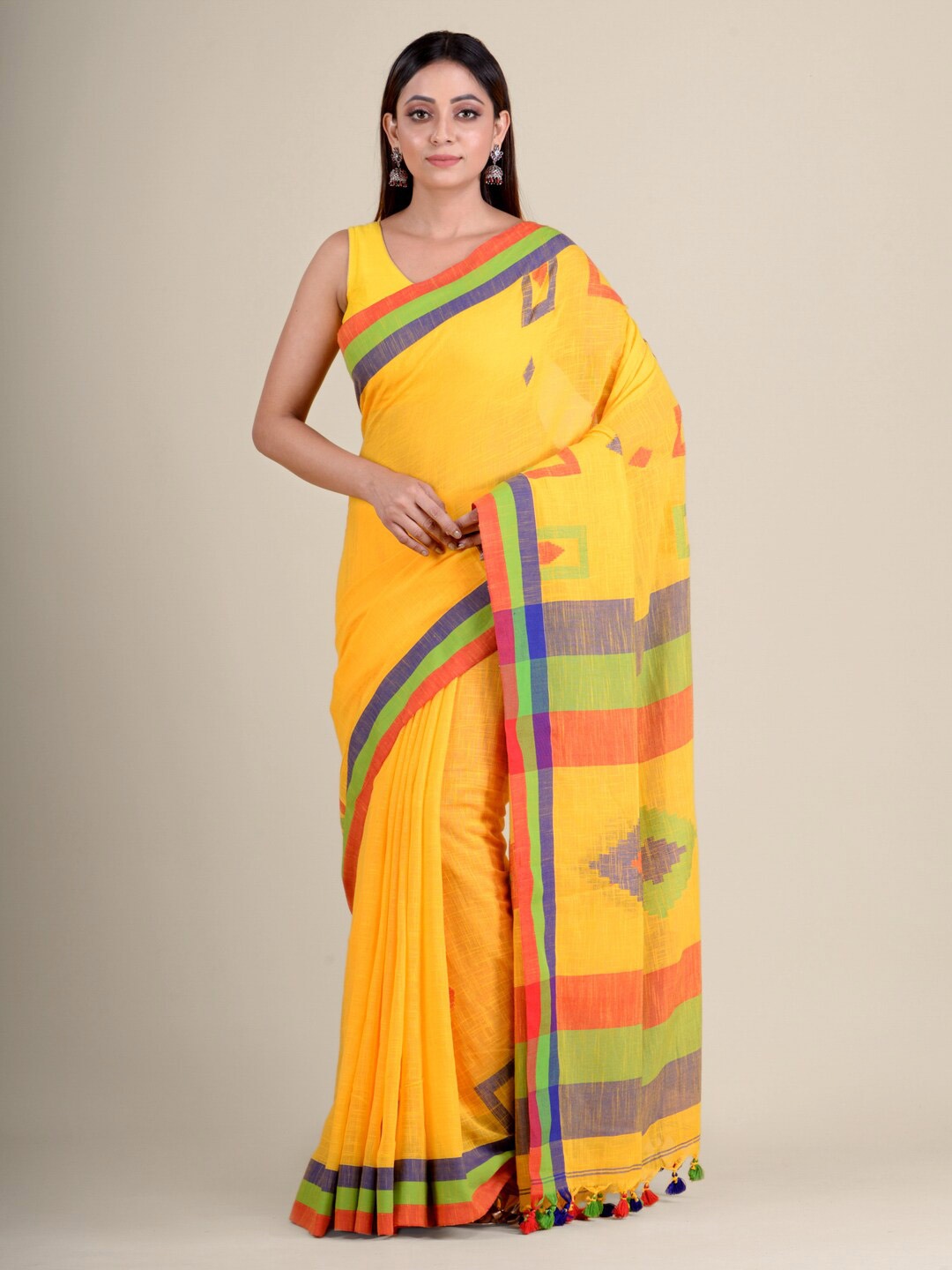 

Mitera Yellow & Blue Woven Design Pure Cotton Saree