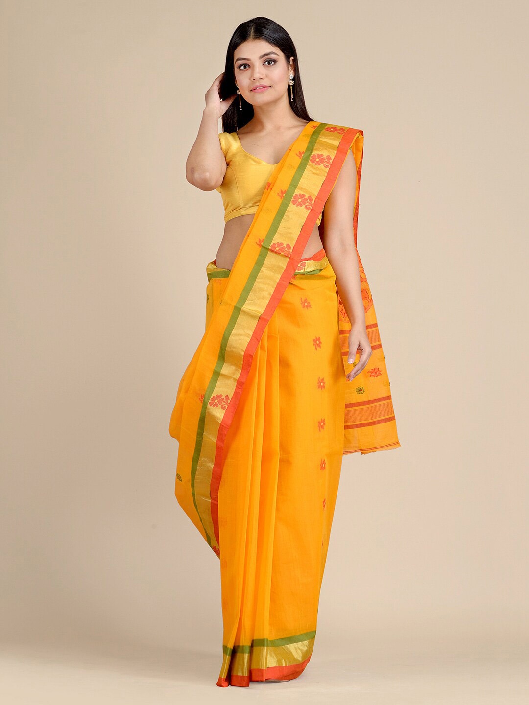 

Mitera Yellow & Red Floral Zari Pure Cotton Jamdani Saree