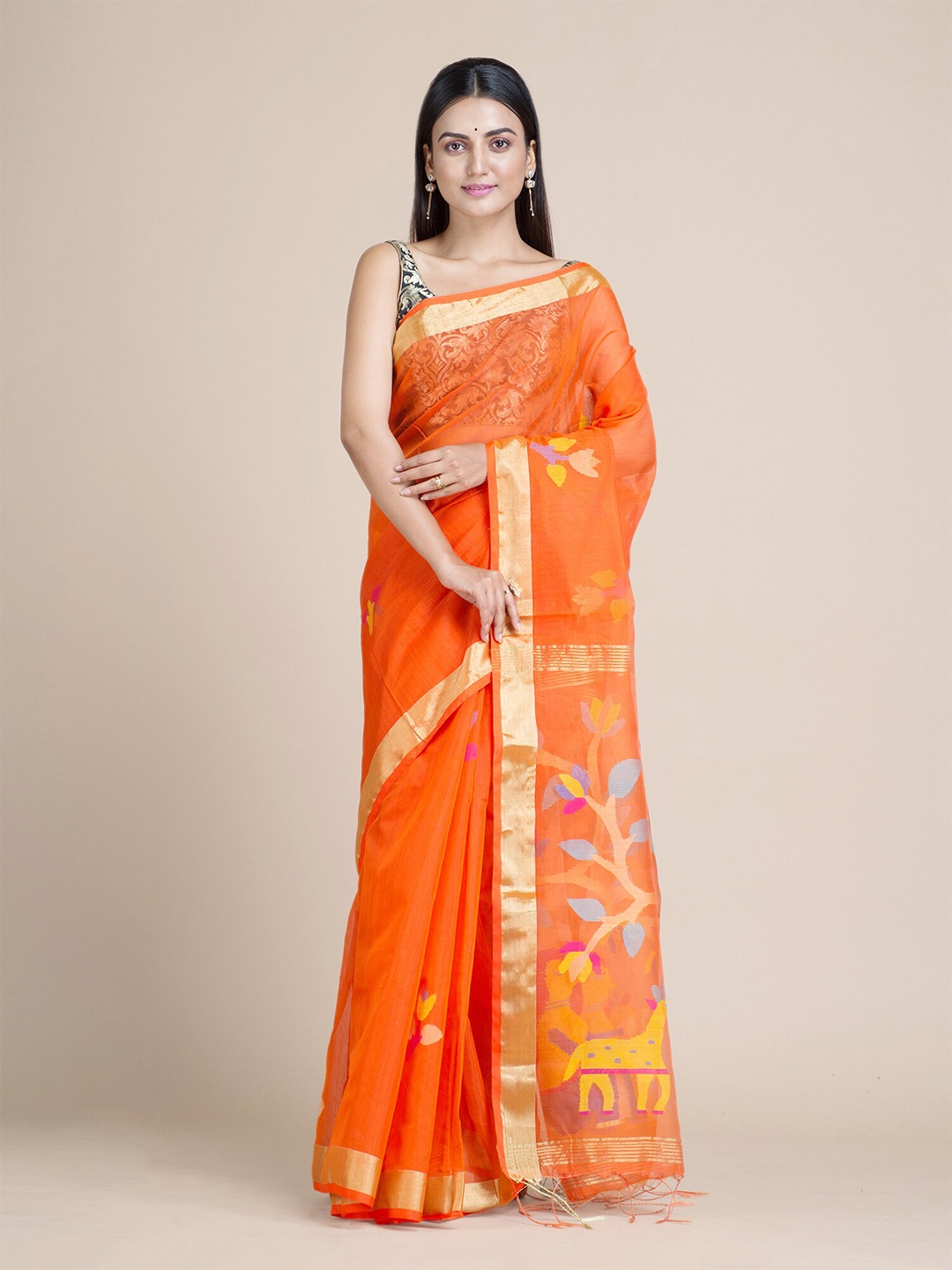 

Mitera Orange & Blue Floral Zari Silk Cotton Heavy Work Saree