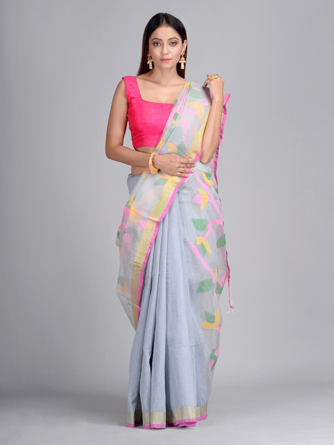 

Mitera Grey & Pink Floral Zari Pure Silk Jamdani Saree