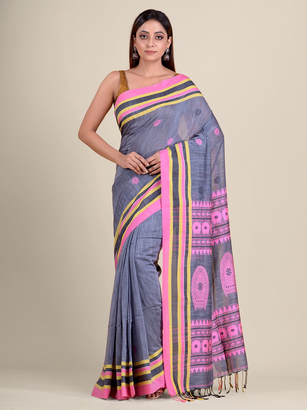 

Mitera Grey & Pink Ethnic Motifs Hand Woven Pure Cotton Saree