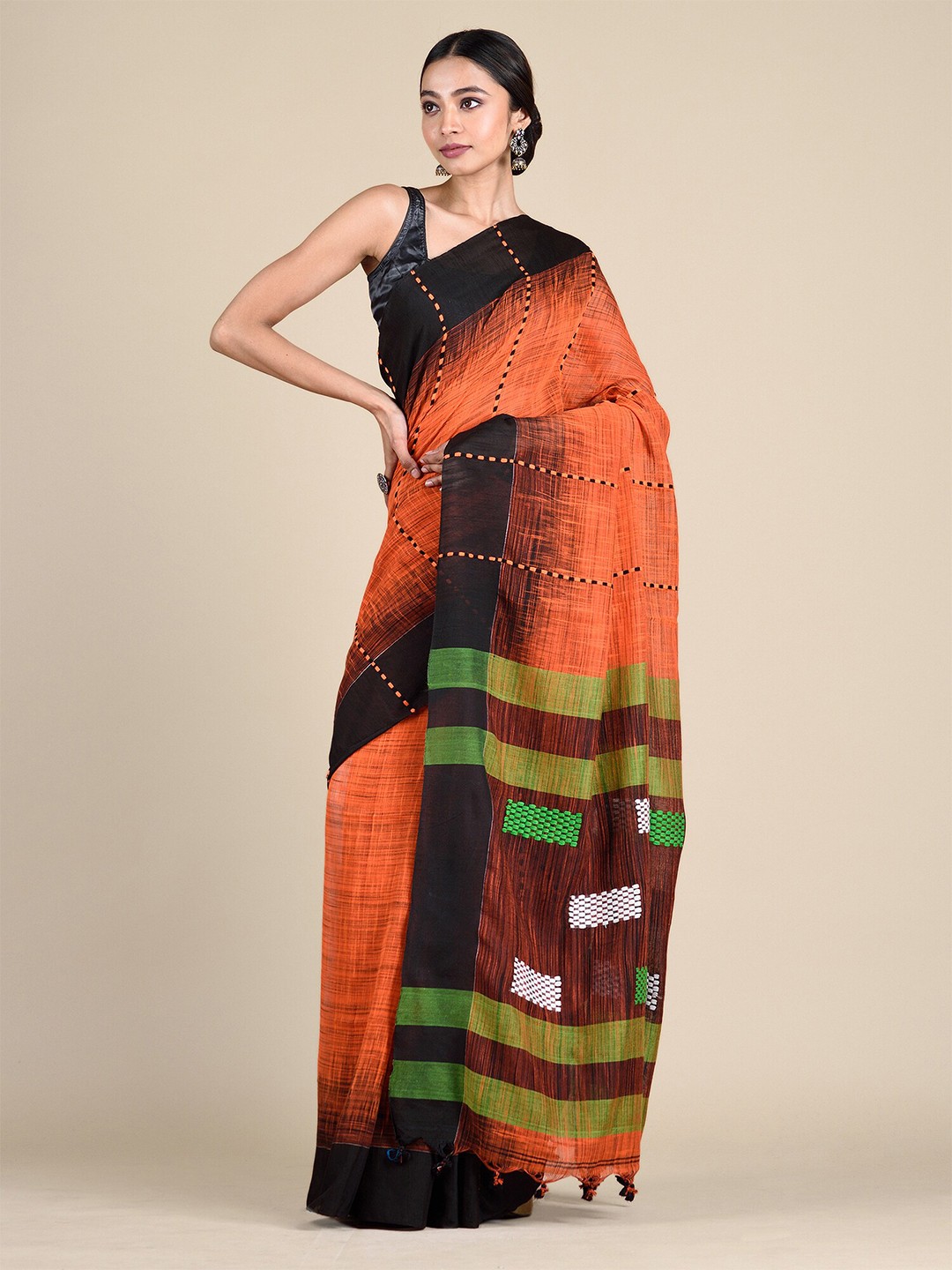 

Mitera Orange & Black Woven Design Pure Cotton Saree