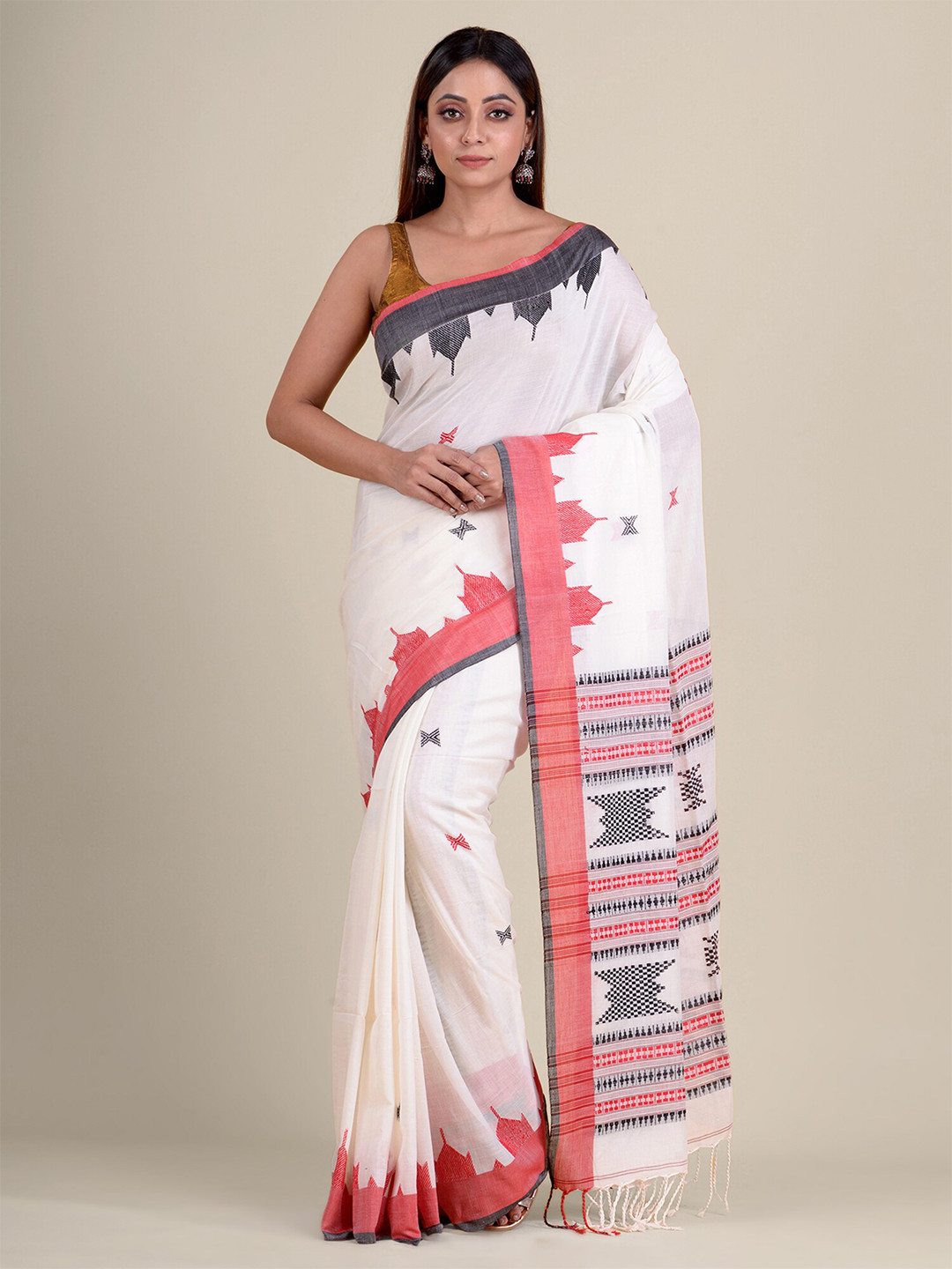 

Mitera Off White & Red Floral Pure Cotton Saree