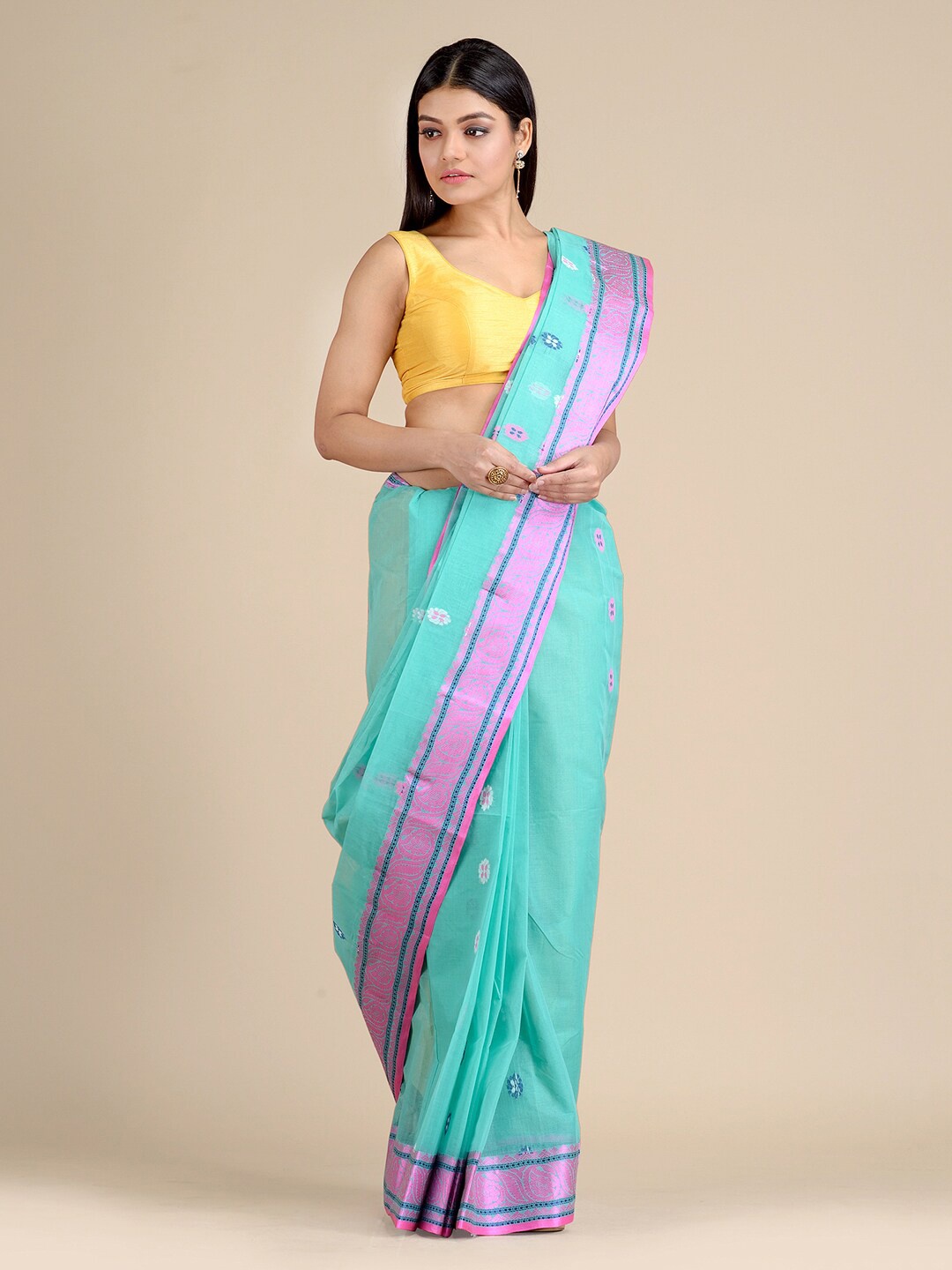 

Mitera Turquoise Blue & Pink Woven Design Zari Pure Cotton Saree