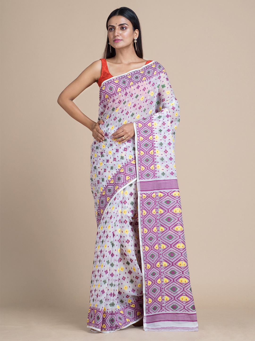 

Mitera White & Purple Woven Design Zari Silk Cotton Saree