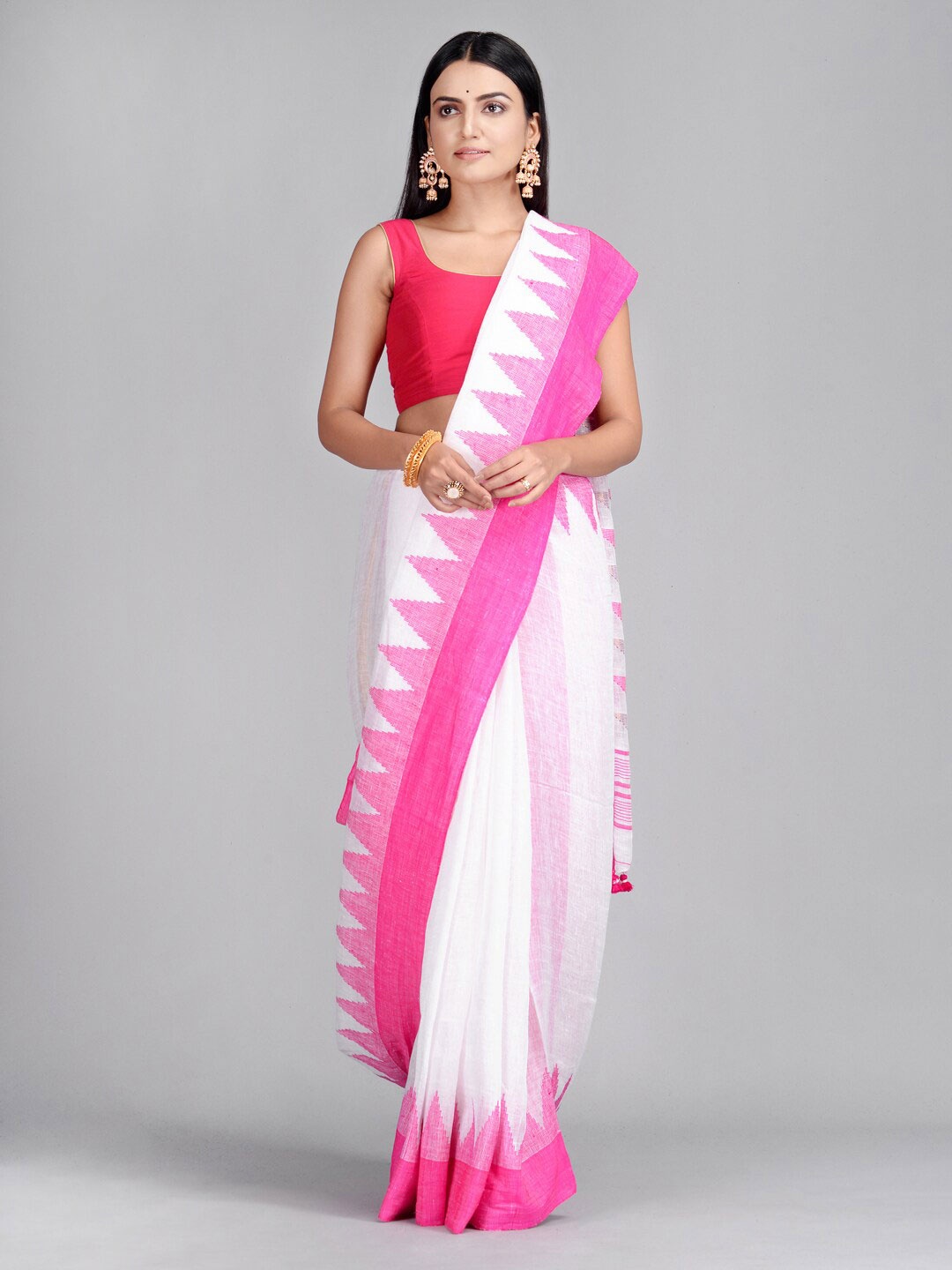 

Mitera White & Pink Pure Linen Saree