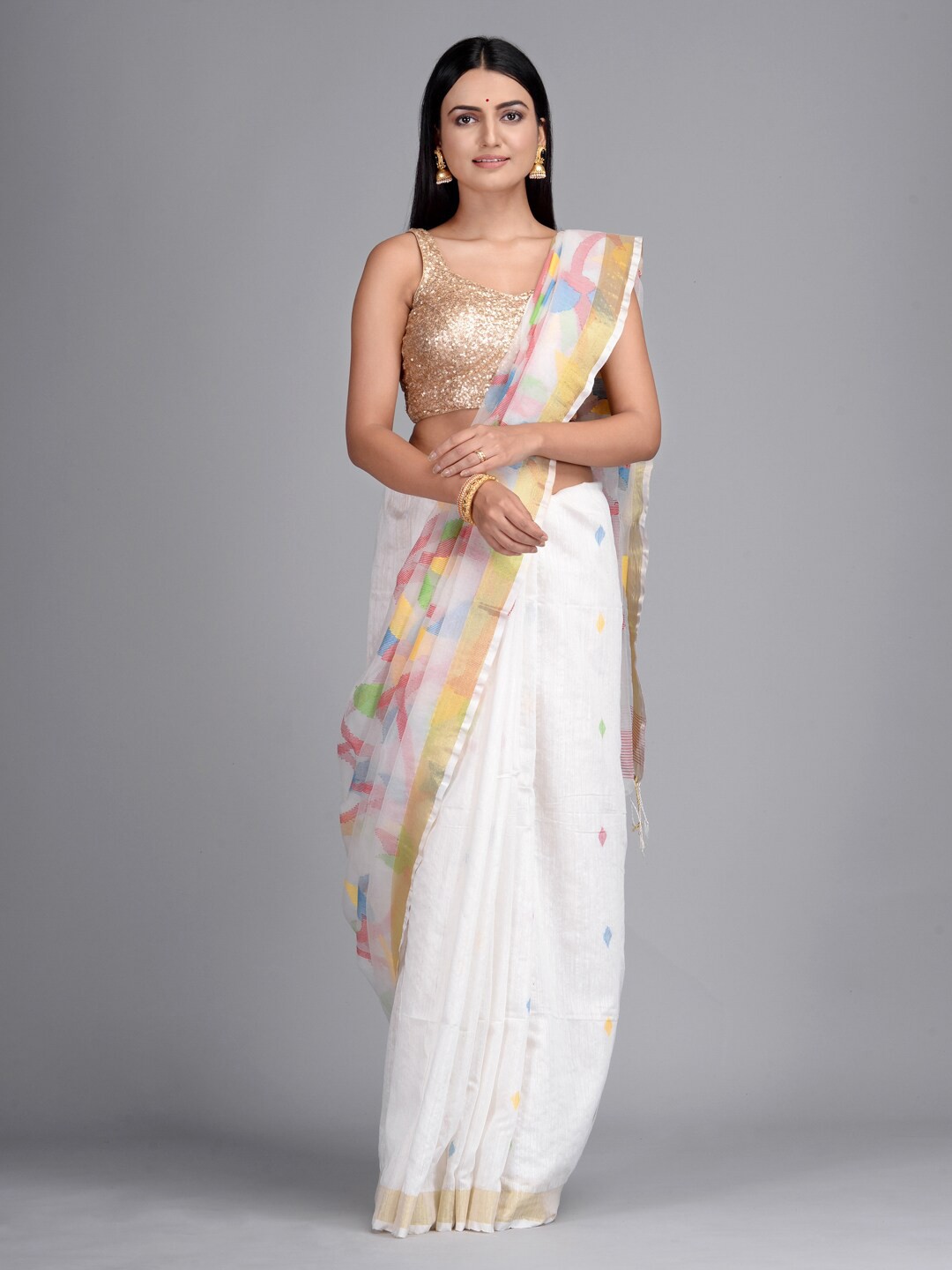

Mitera White & Yellow Floral Zari Pure Silk Heavy Work Saree