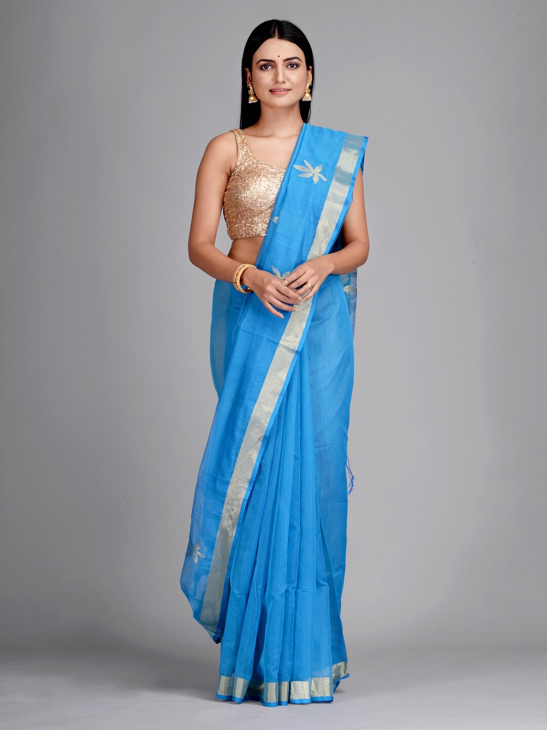 

Mitera Blue & Gold-Toned Woven Design Zari Silk Cotton Saree