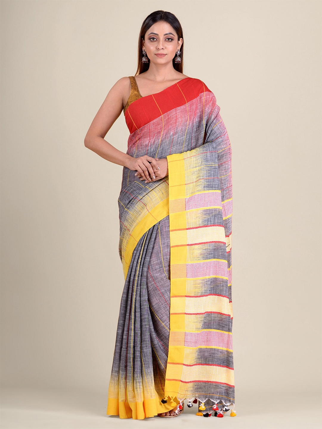 

Mitera Grey & Red Woven Design Hand Woven Pure Cotton Saree