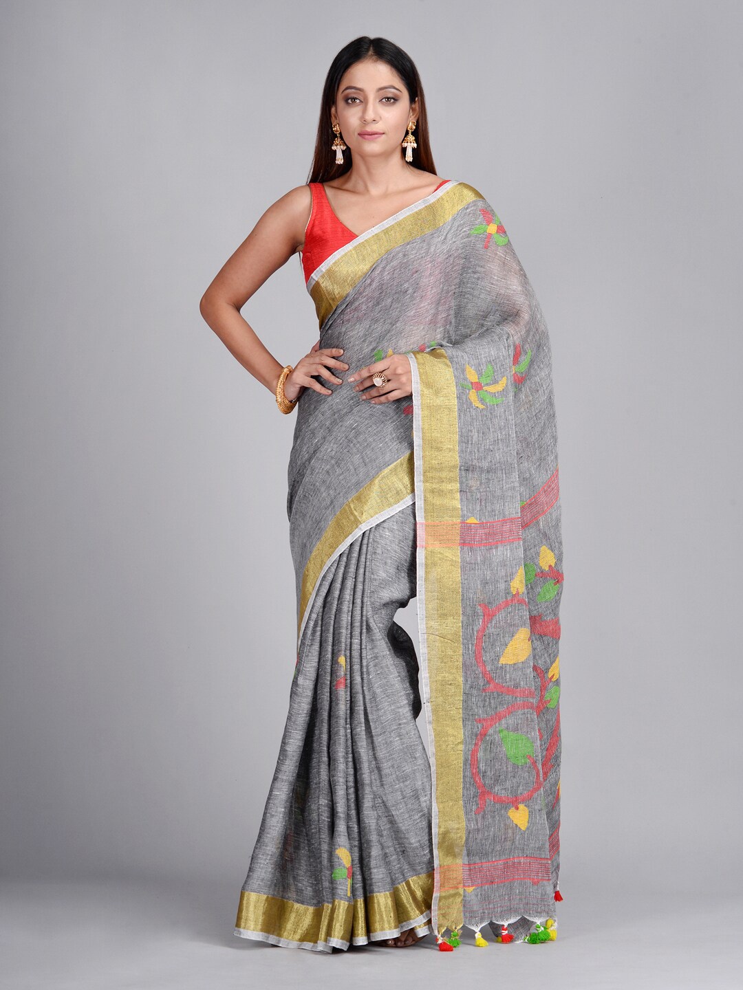 

Mitera Grey & Red Floral Zari Pure Linen Jamdani Saree