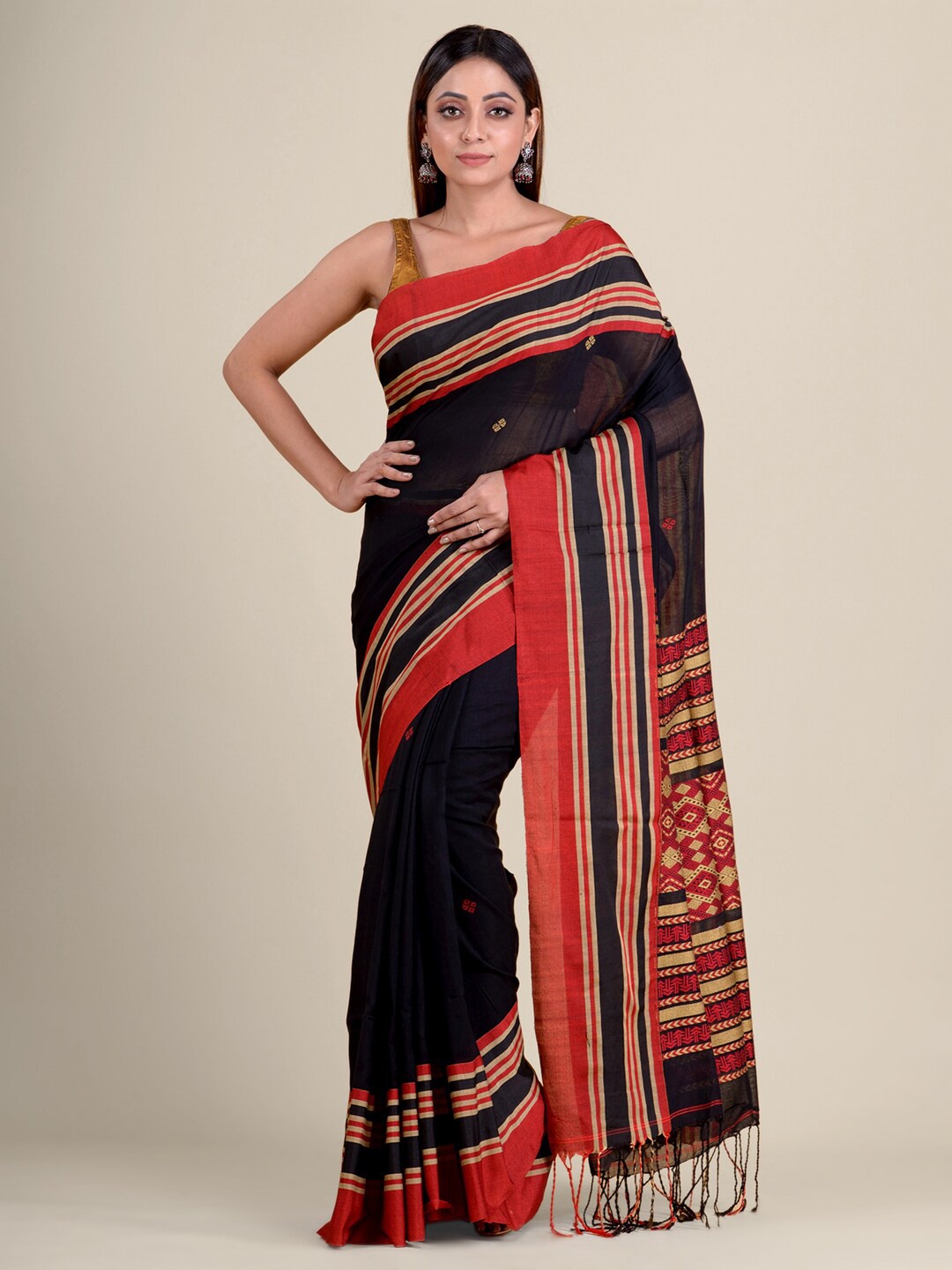 

Mitera Black & Red Woven Design Pure Cotton Saree