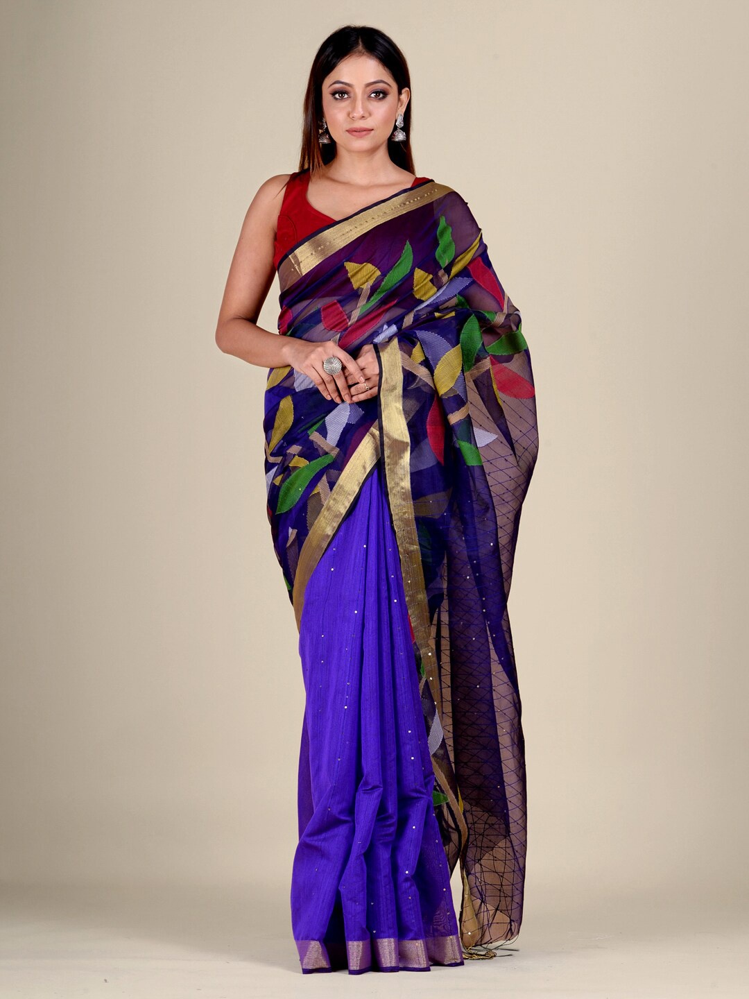 

Mitera Blue & Green Floral Zari Pure Silk Saree