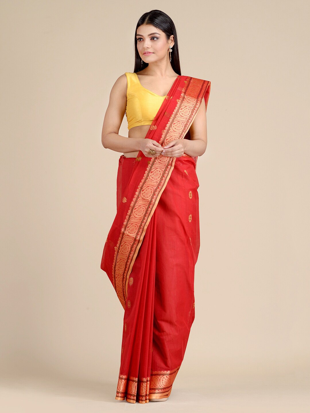 

Mitera Red & Gold-Toned Floral Pure Cotton Saree