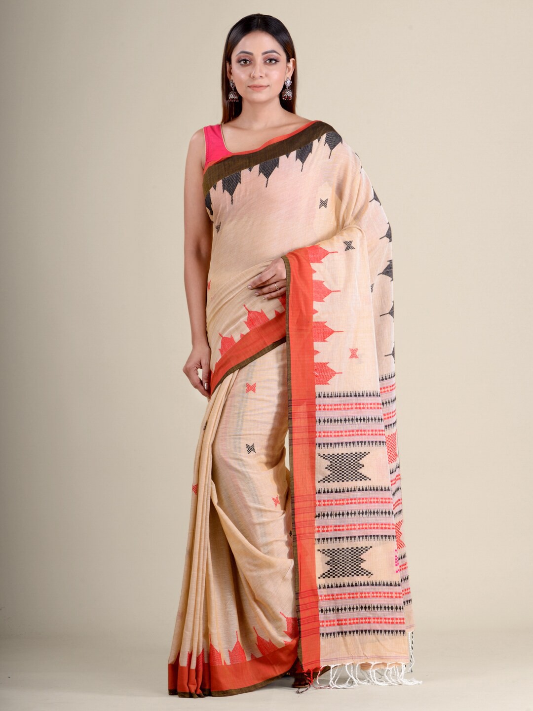 

Mitera Beige & Orange Floral Pure Cotton Saree