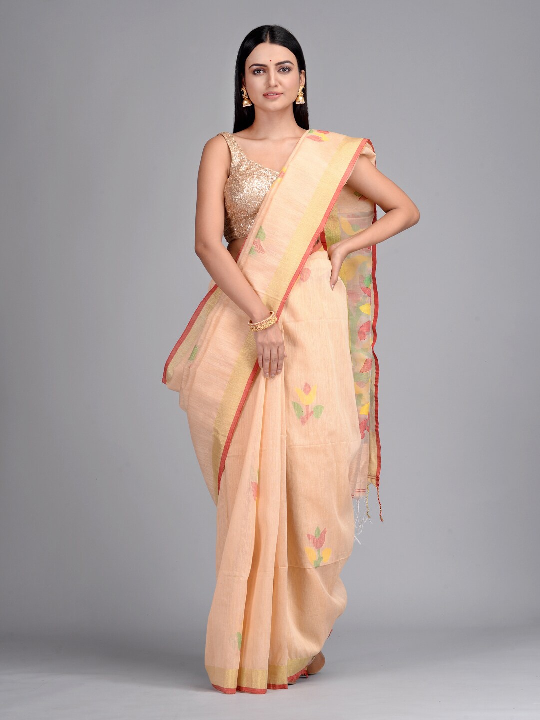 

Mitera Beige & Red Woven Design Zari Pure Silk Jamdani Saree