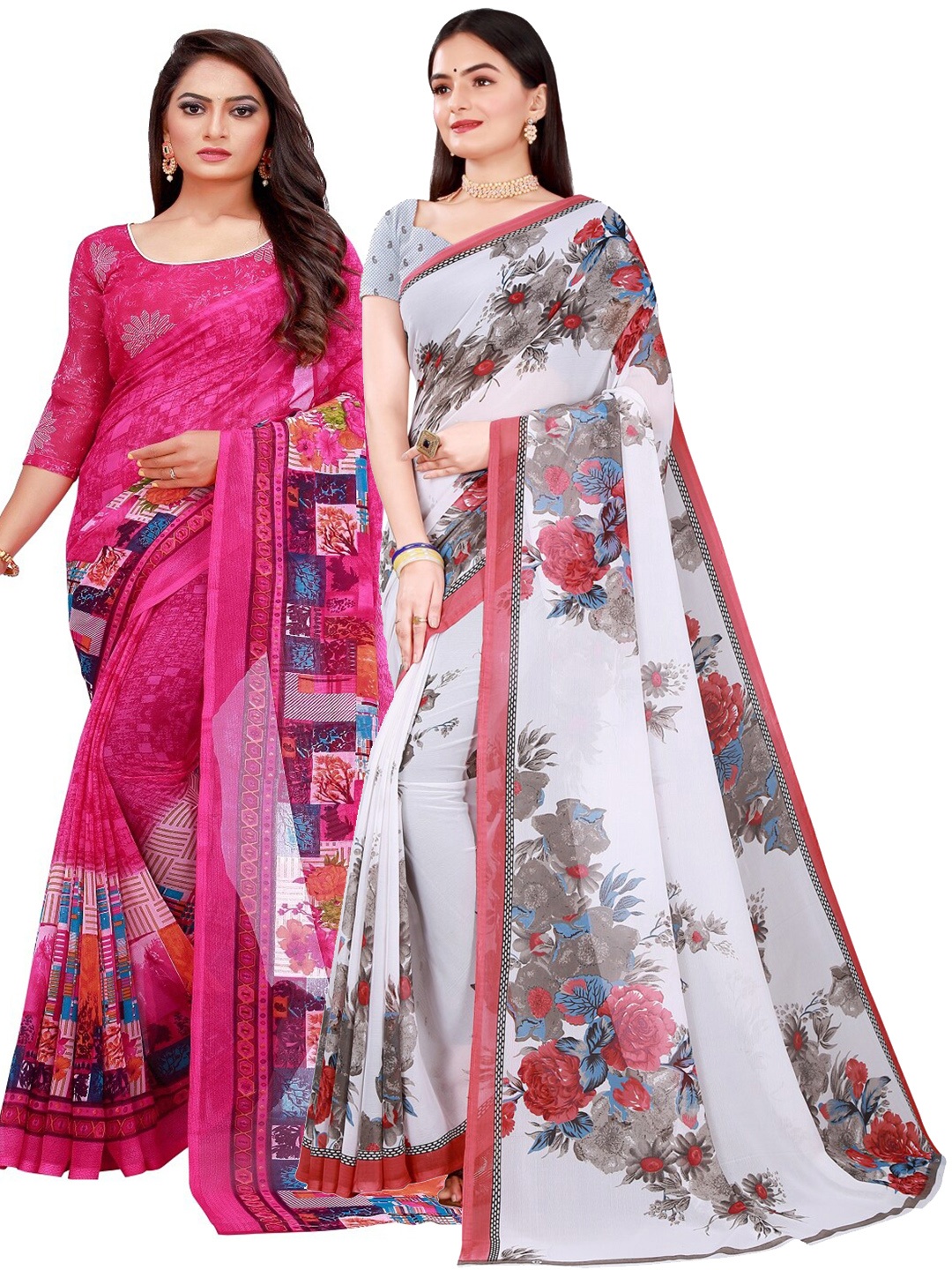 

Florence Magenta & White Set of 2 Floral Pure Georgette Saree