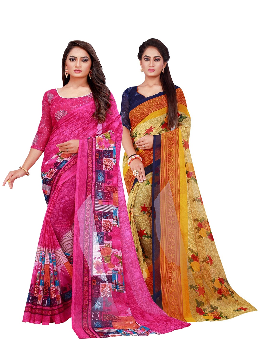 

Florence Pack Of 2 Magenta & Brown Floral Pure Georgette Saree