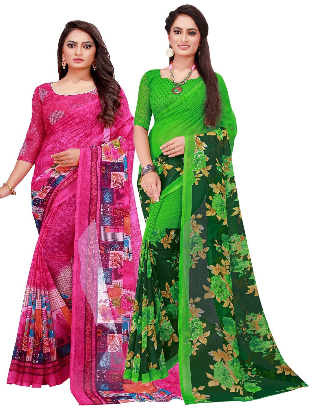 

Florence Pack Of 2 Magenta & Green Floral Pure Georgette Saree