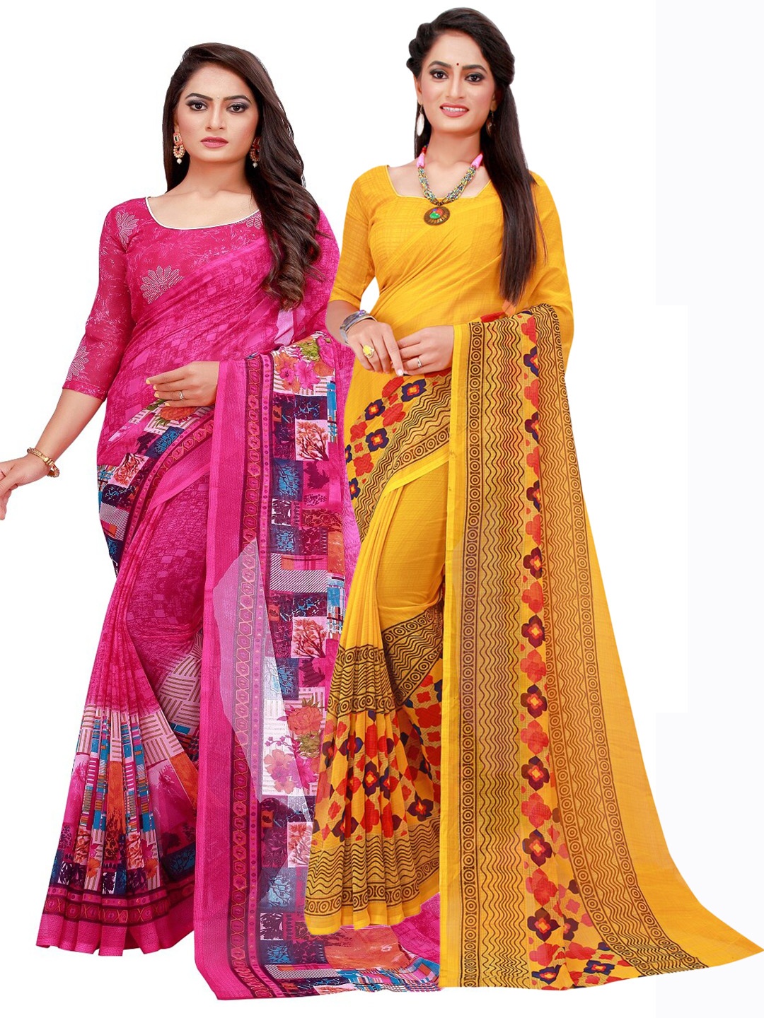 

Florence Pack of 2 Magenta & Yellow Floral Pure Georgette Saree