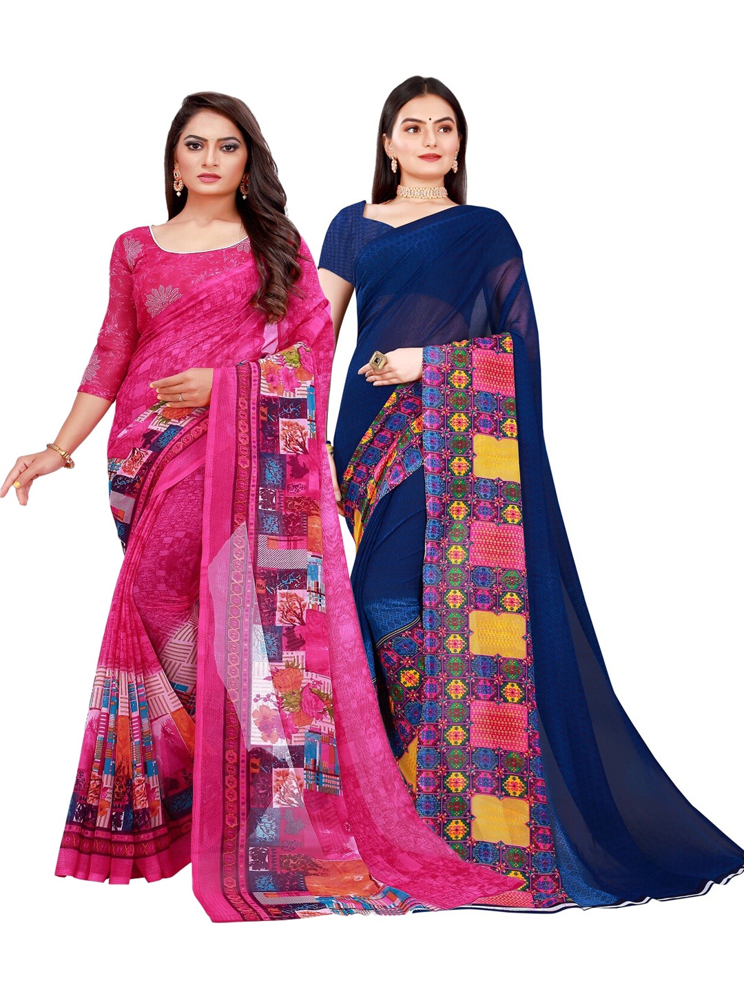 

Florence Pack Of 2 Magenta & Navy Blue Floral Pure Georgette Saree