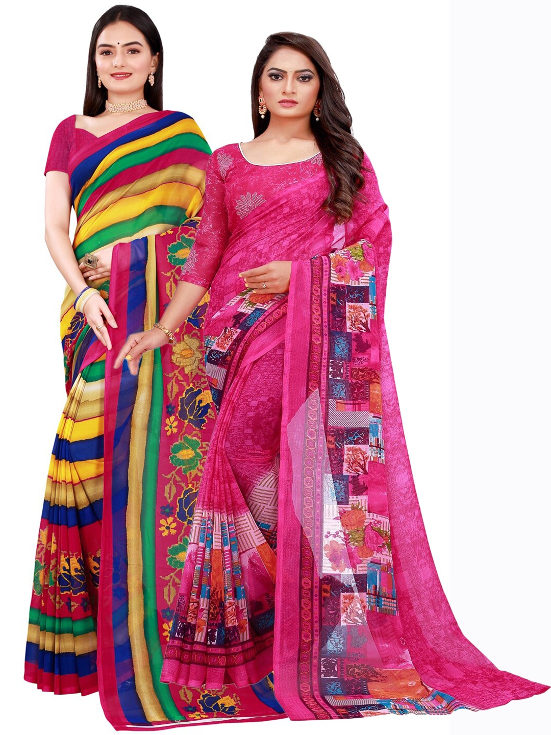 

Florence Pack of 2 Yellow & Magenta Floral Pure Georgette Saree
