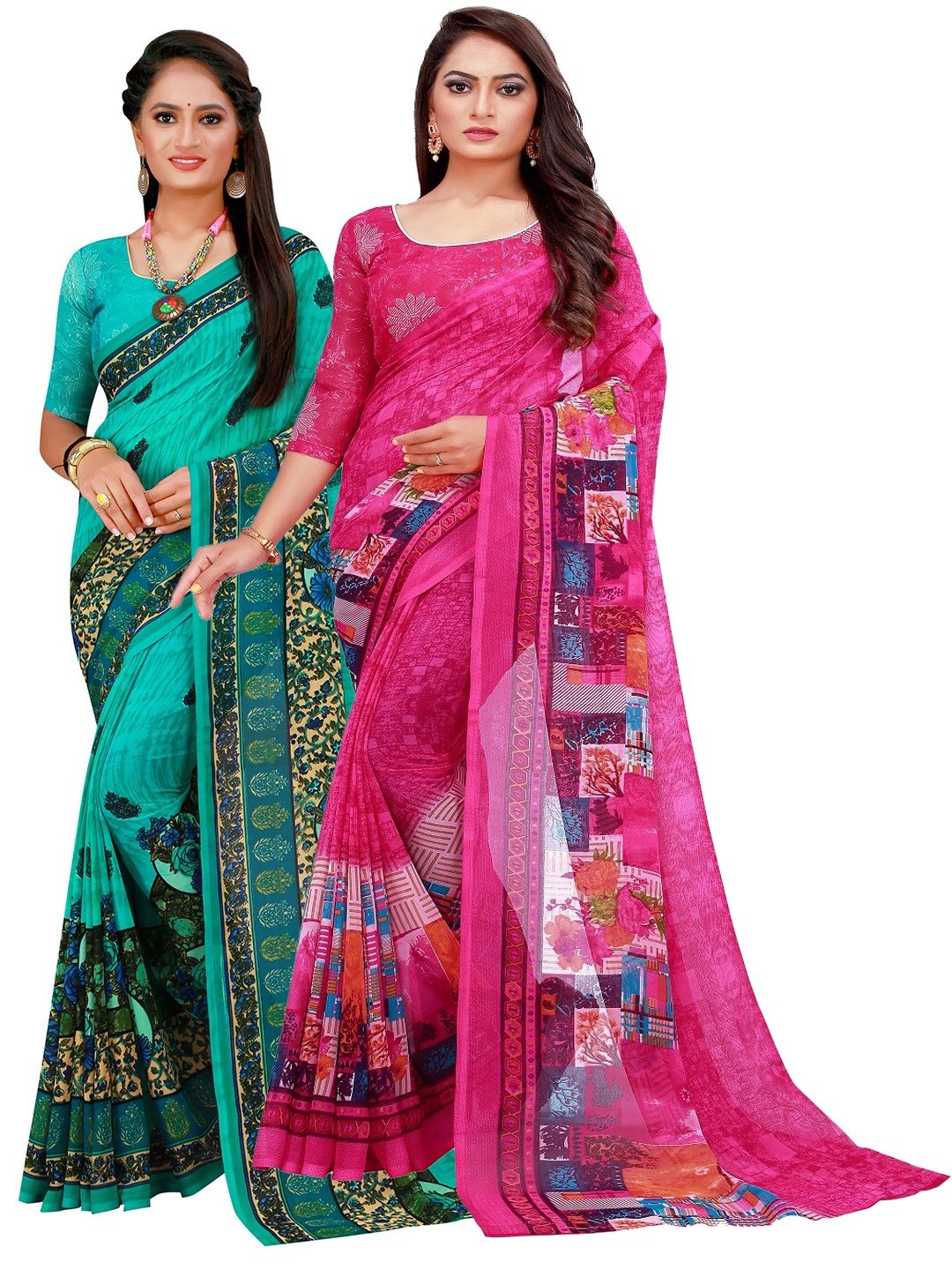 

Florence Magenta & Turquoise Blue Set of 2 Pure Georgette Saree