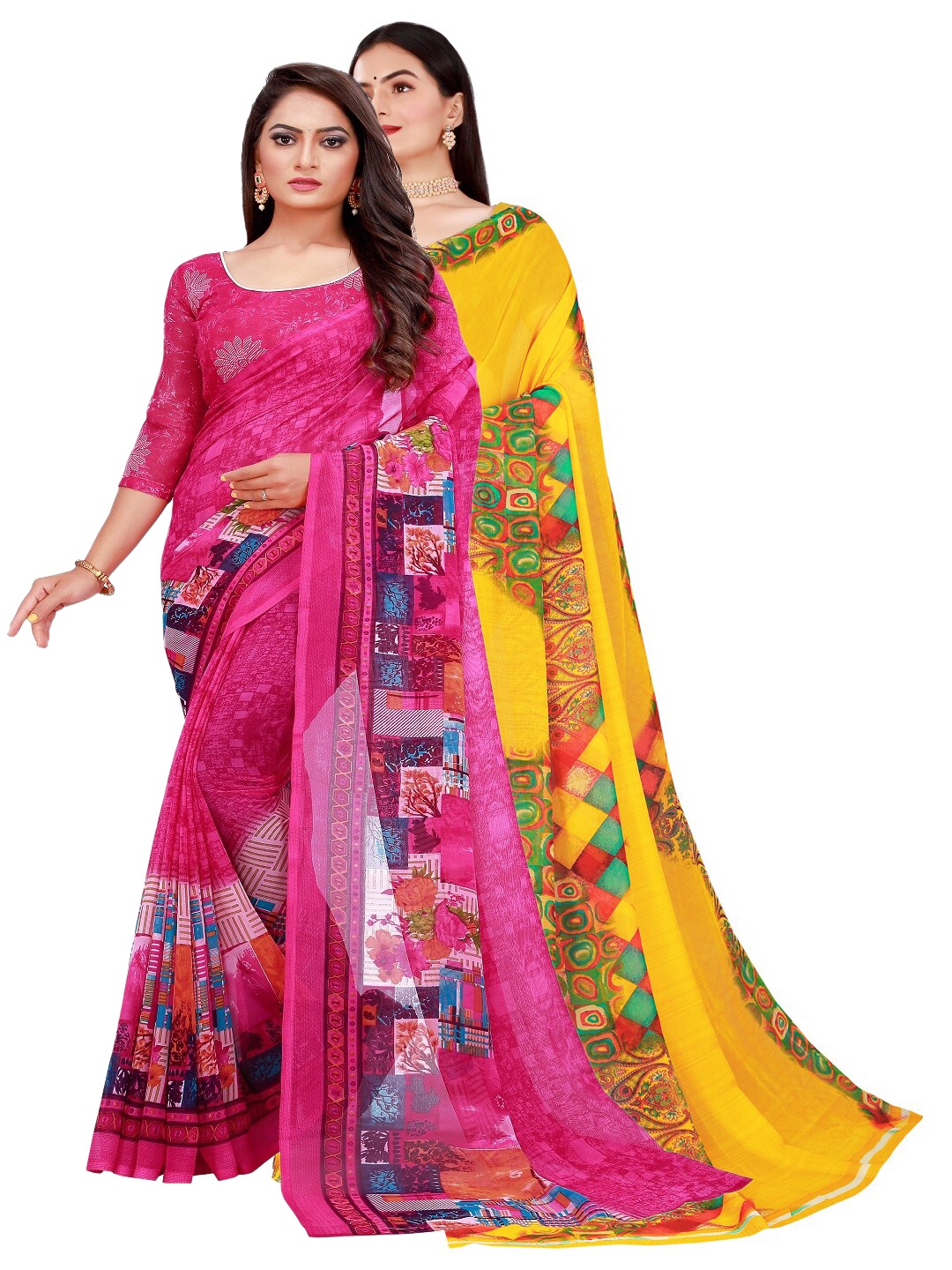 

Florence Set Of 2 Magenta & Yellow Floral Pure Georgette Saree