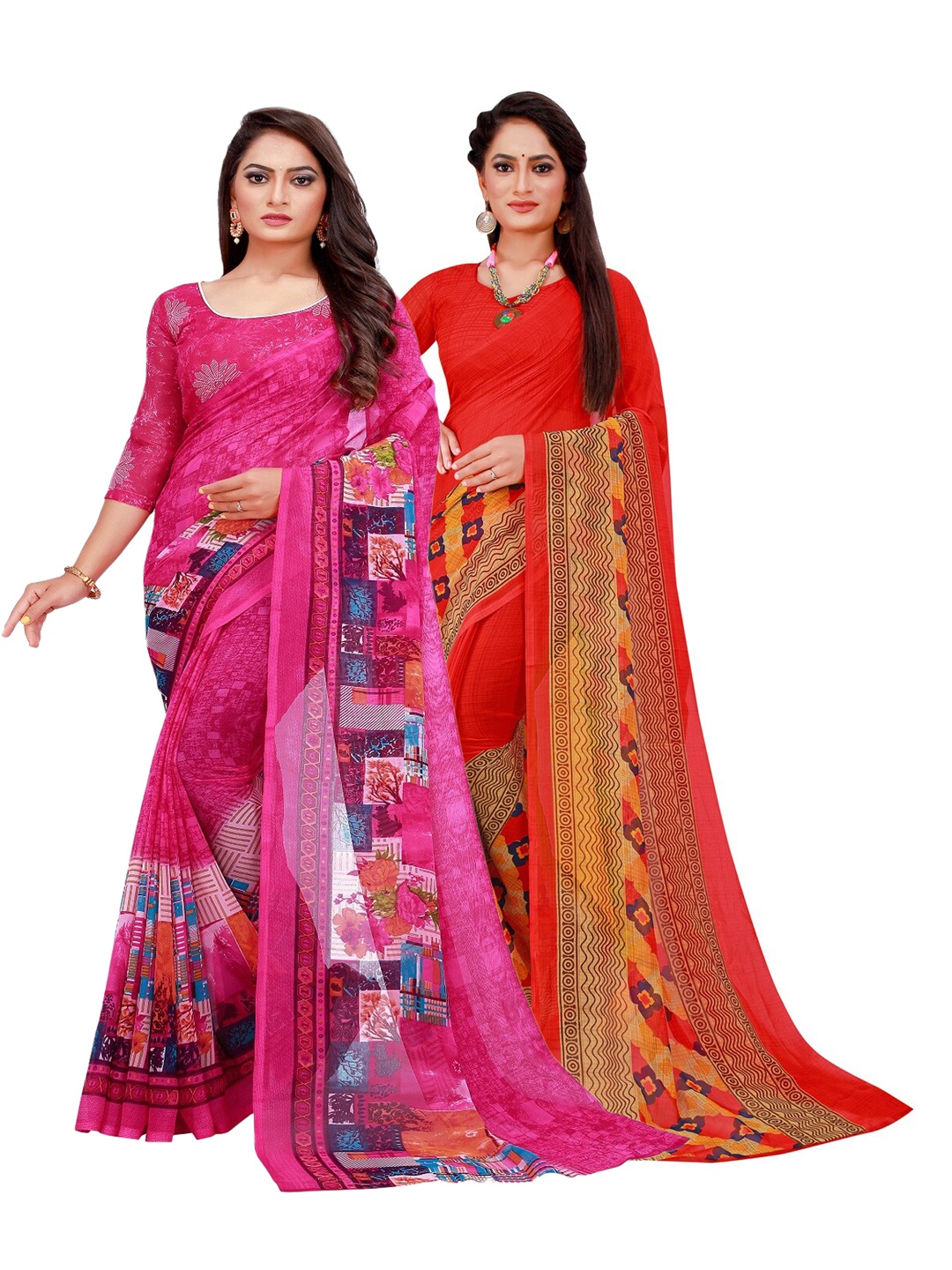 

Florence Red & Magenta Set of 2 Floral Pure Georgette Saree