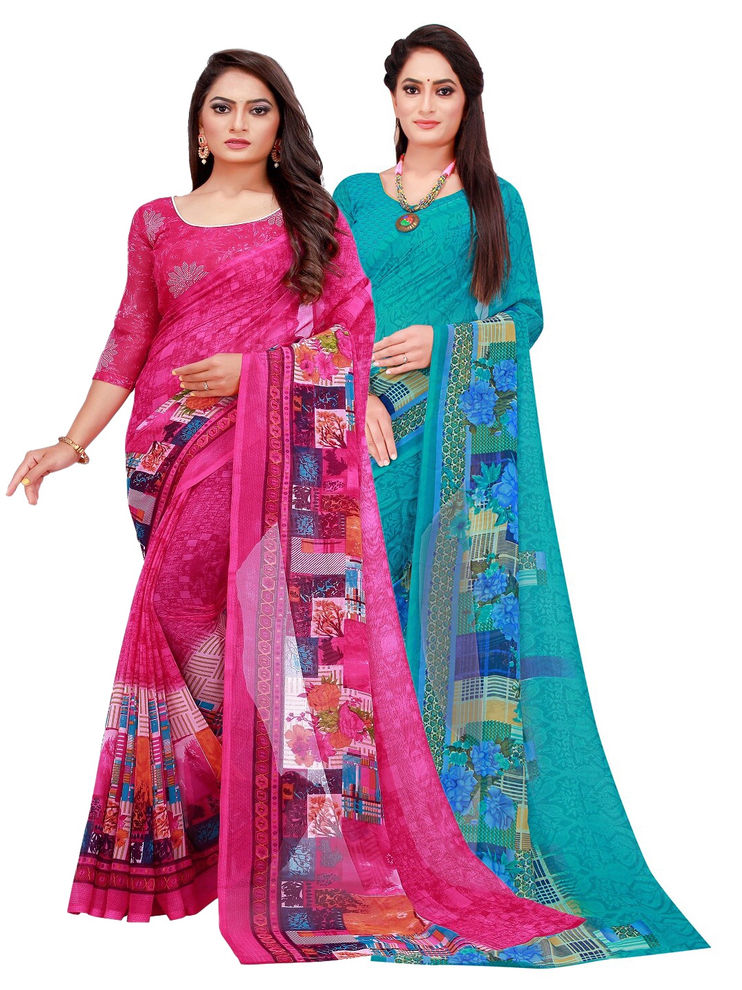 

Florence Turquoise Blue & Maroon Floral Pure Georgette Saree