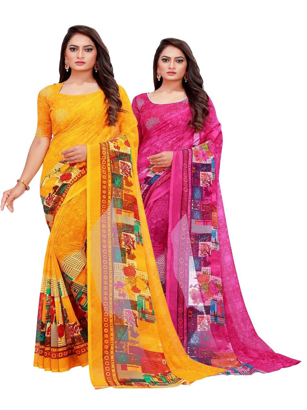 

Florence Magenta & Yellow Floral Pure Georgette Saree Pack Of 2