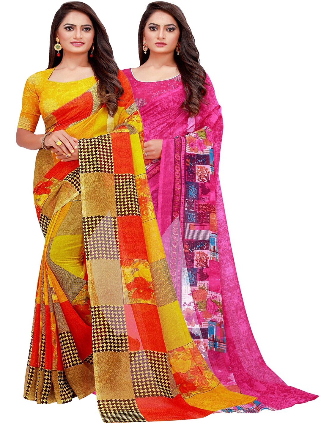 

Florence Magenta & Yellow Set of 2 Floral Pure Georgette Saree