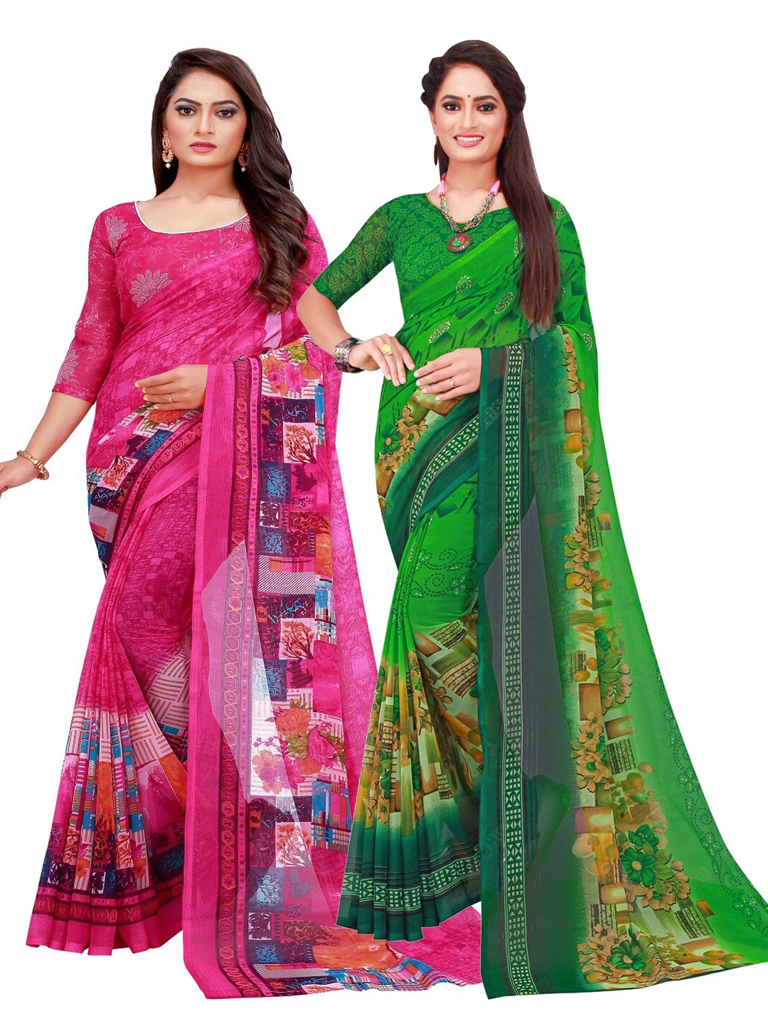 

Florence Magenta & Green Set of 2 Floral Pure Georgette Saree