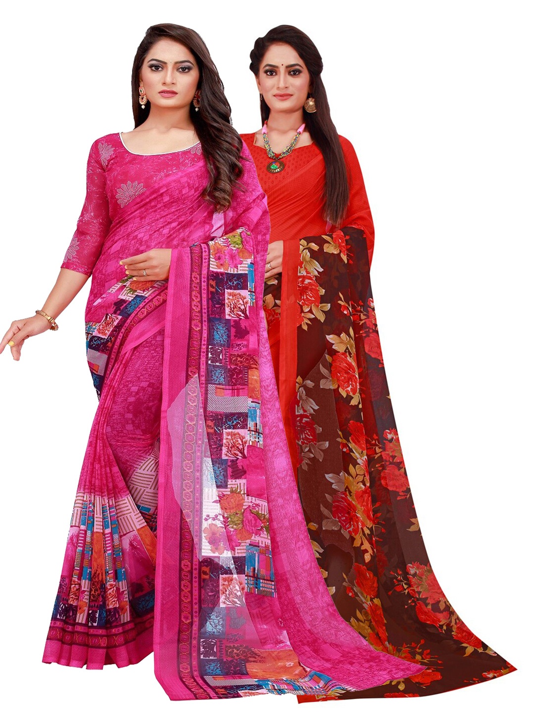 

Florence Pack of 2 Magenta & Red Floral Pure Georgette Sarees