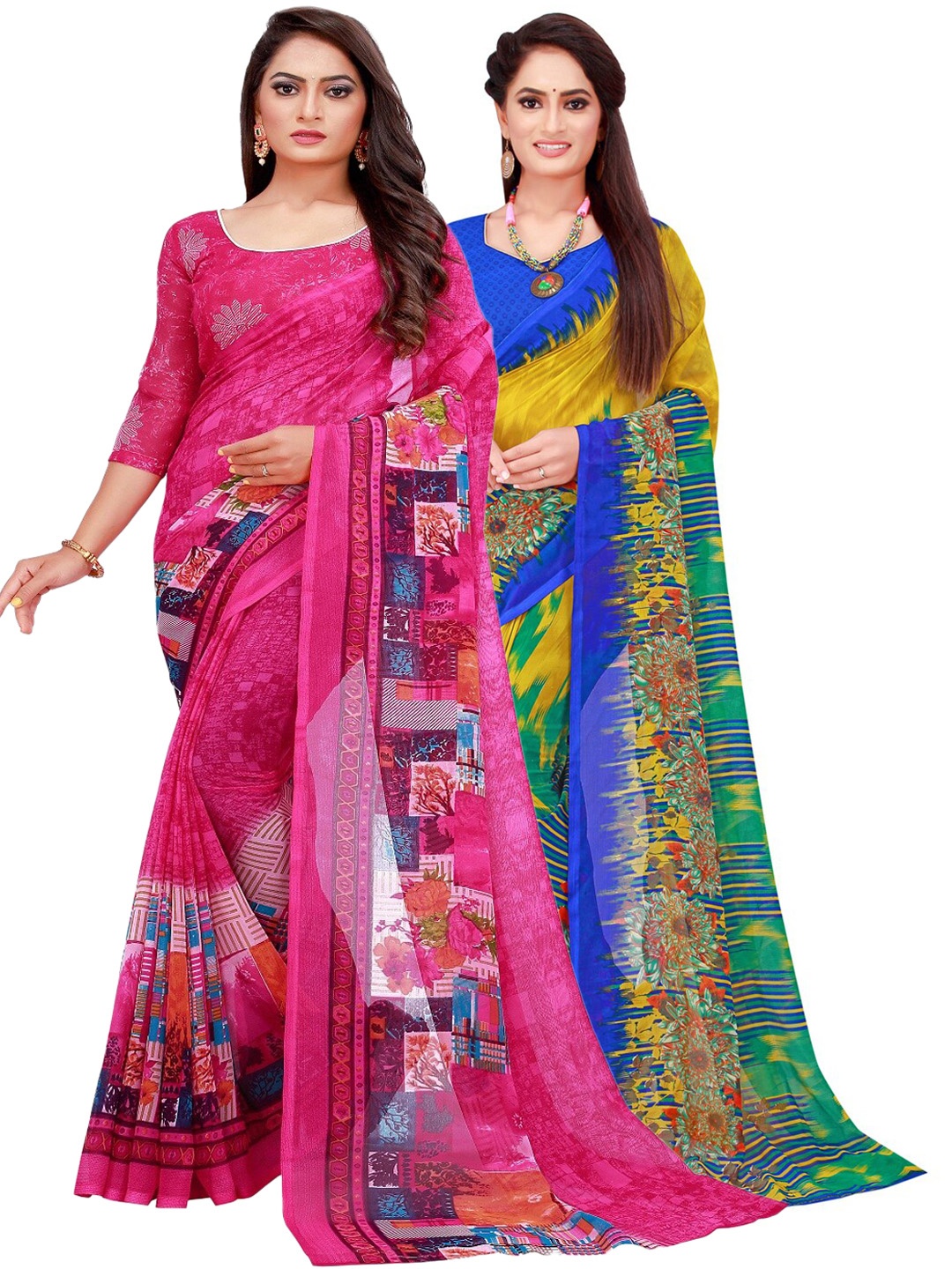 

Florence Magenta & Blue Set of 2 Floral Pure Georgette Saree