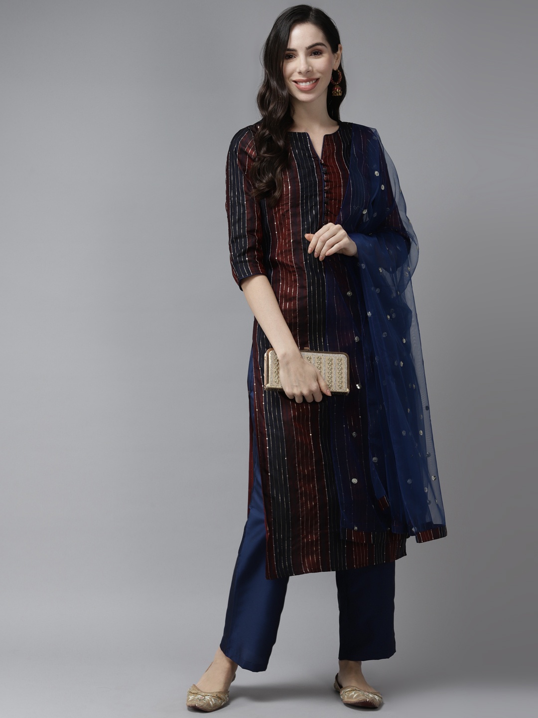 

PANIT Women Maroon& Navy Blue Striped Sequinned Kurta with Trousers & Dupatta