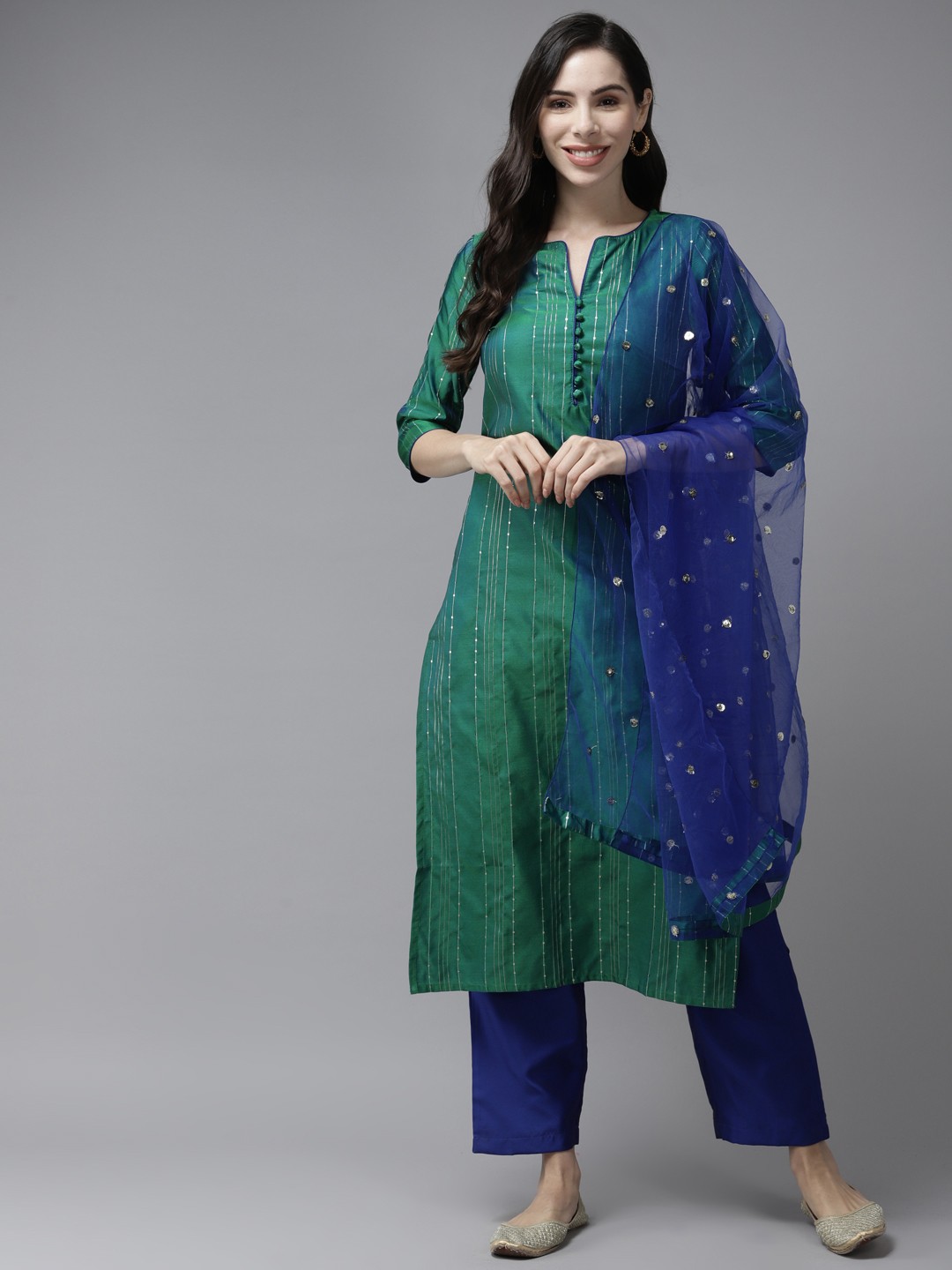 

PANIT Women Green & Blue Striped Sequinned Kurta with Trousers & Dupatta