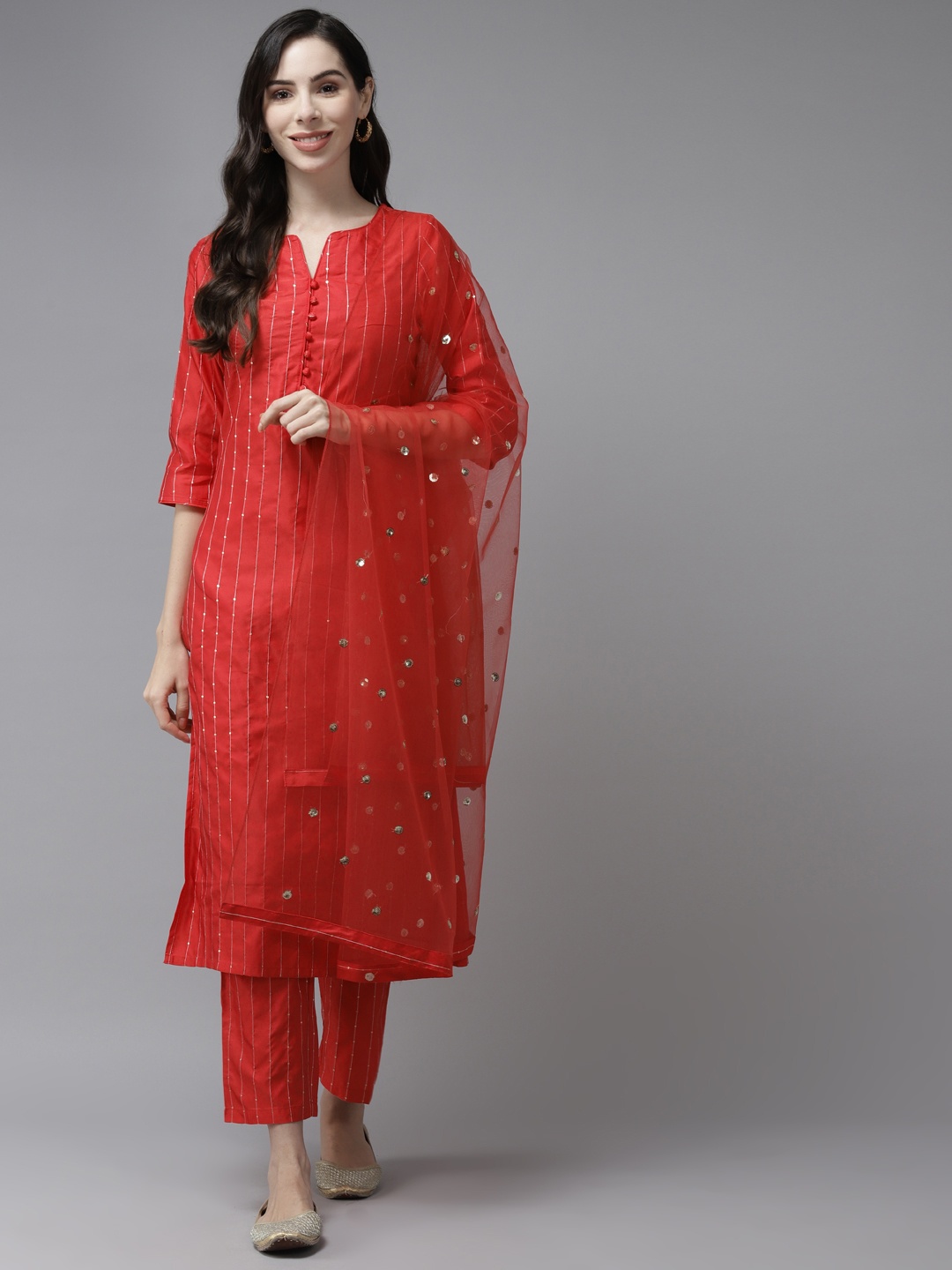 

PANIT Women Red Striped Sequinned Kurta with Trousers & Dupatta