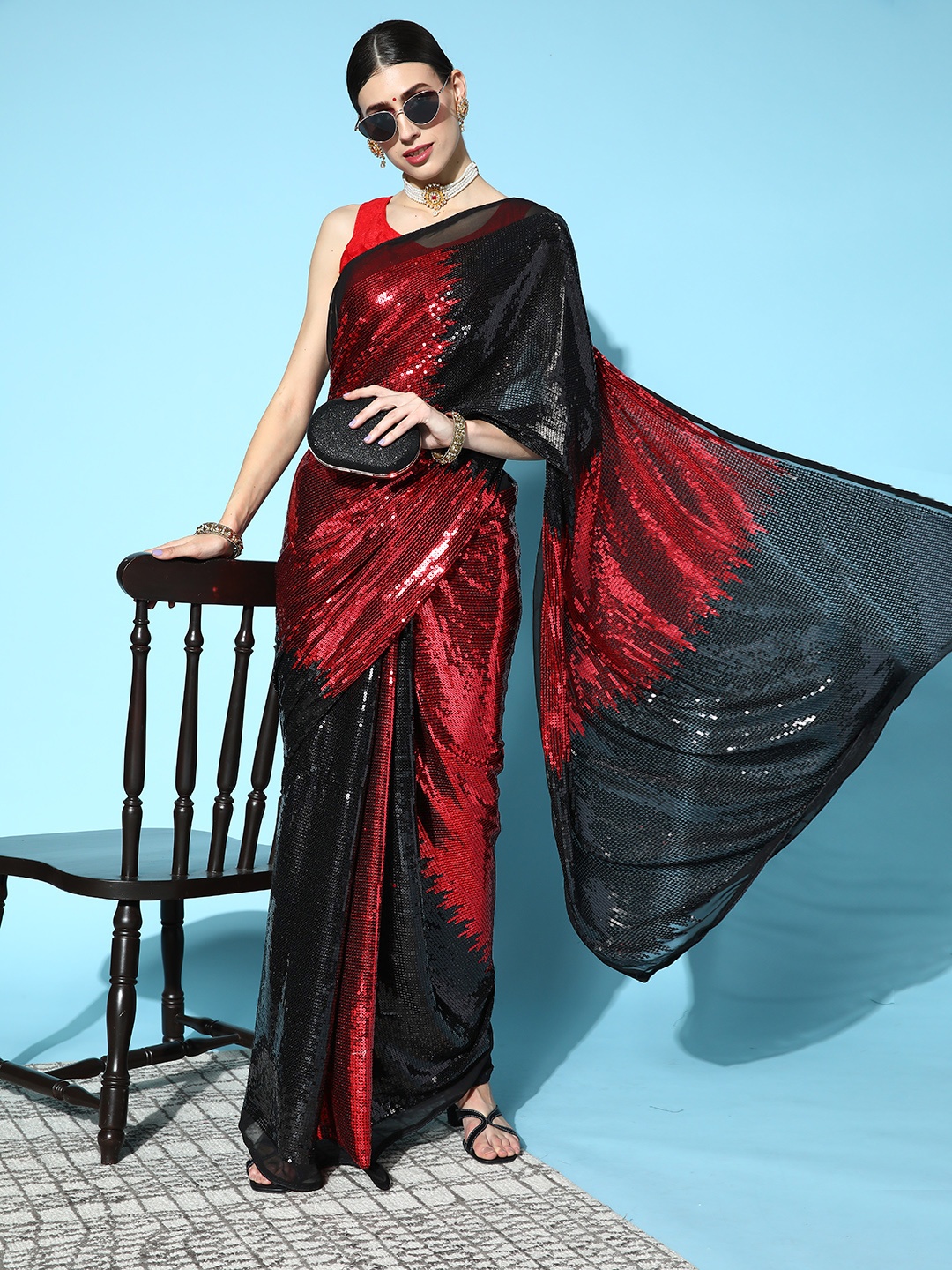 

Mitera Black & Maroon Embellished Sequinned Saree