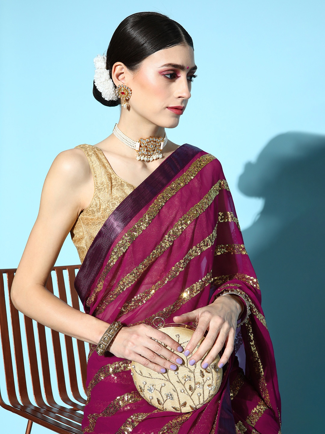 

Mitera Burgundy Striped Sequinned Saree