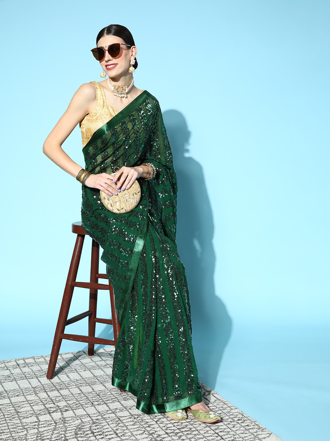 

Mitera Green Striped Sequinned Saree