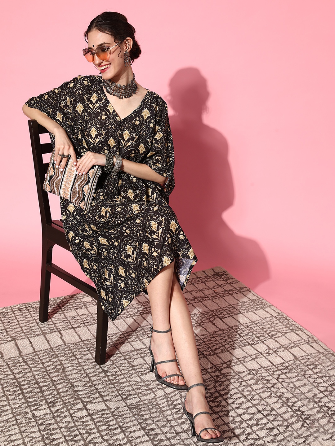 

Rang Gali Black & Beige Ethnic Motifs Organic Cotton Kaftan Midi Dress