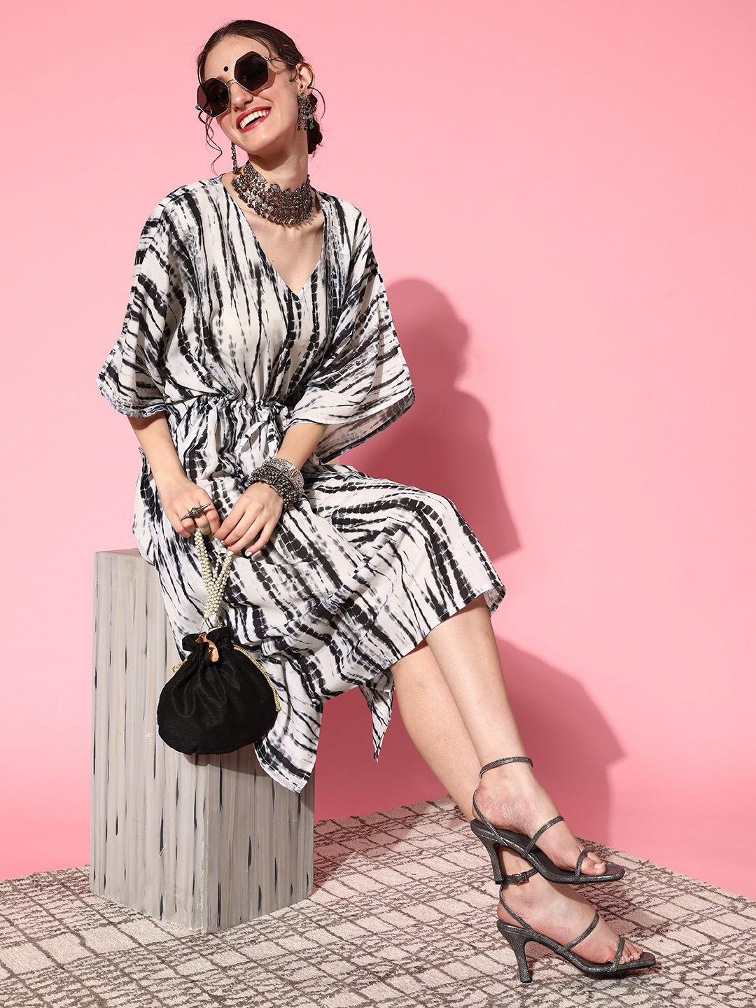

Rang Gali Black & White Organic Cotton Kaftan Midi Dress