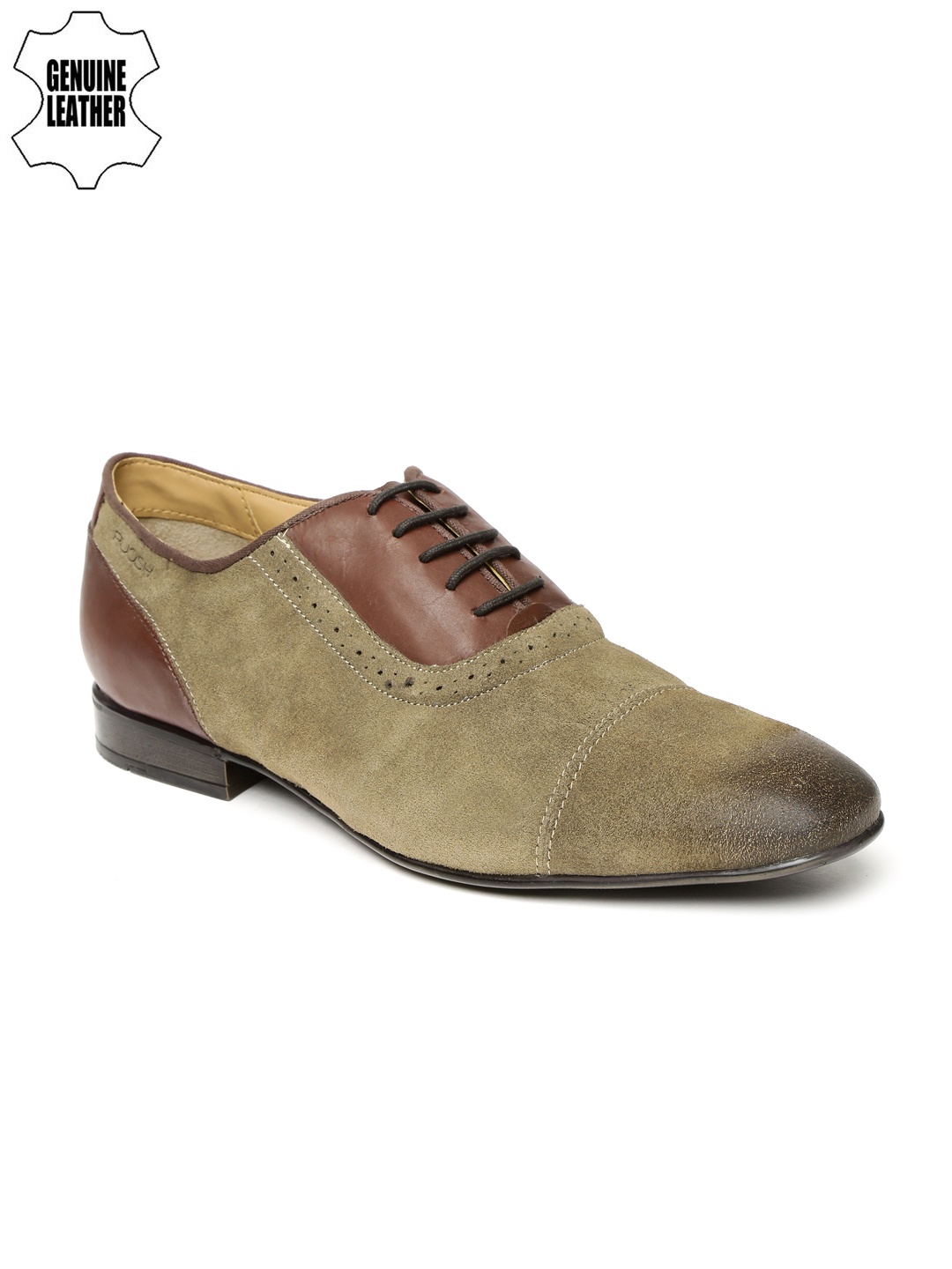 

Ruosh Men Olive Green & Brown Colourblocked Leather Semiformal Shoes